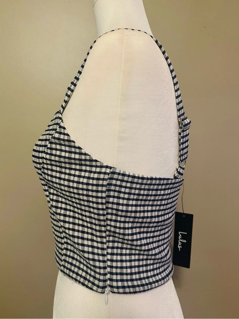 NWT Navy Blue Gingham Square Neck Cropped Tank Top - Medium
